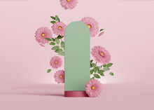 3D Display Podium Pastel Pink Daisy Flower Background. Gerbera Blossom Falling Down. Nature Minimal Pedestal Beauty, Cosmetic Product Presentation. Feminine Green Copy Space Template 3d Render