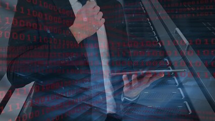 Poster - Animation of data processing over businessman using tablet in server room