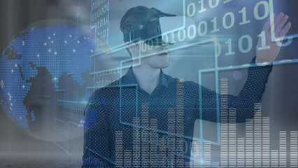 Poster - Animation of data processing and clock over man using vr headset