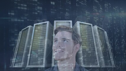 Poster - Animation of data processing over businessman in server room