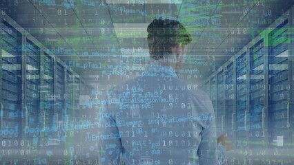 Poster - Animation of data processing over businessman in server room