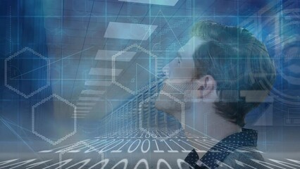 Poster - Animation of data processing over businessman in server room