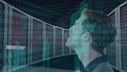 Poster - Animation of data processing over businessman in server room