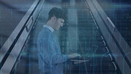 Poster - Animation of data processing over businessman using laptop in server room