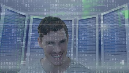 Poster - Animation of data processing over businessman in server room