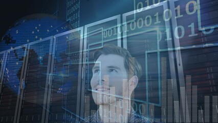Poster - Animation of data processing over businessman in server room