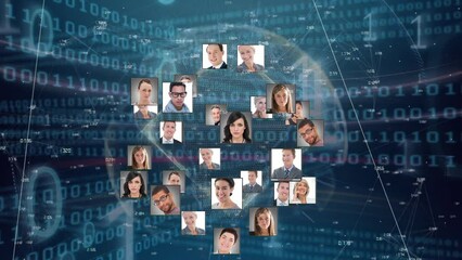 Poster - Animation of network of connections with pictures of people over data processing