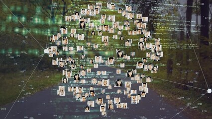 Poster - Animation of network of connections with pictures of people over data processing