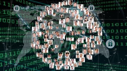Poster - Animation of network of connections with pictures of people over data processing