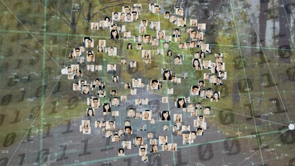 Poster - Animation of network of connections with pictures of people over data processing