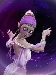 Wall Mural - A 3d digital rendering of a cartoon style elf with huge eyes wearing a purple headwarp doing a magic spell with sparks and embers flowing around her and coming out of her hair.