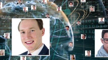 Poster - Animation of network of connections with pictures of people over data processing