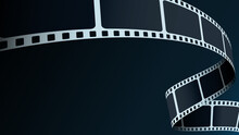 Cinema Film Strip Wave Isolated On Blue Background. Design Element Template Cinema Festival Banner, Brochure, Poster, Tickets, Leaflet. Cinema Background. Movie Time And Entertainment Concept.