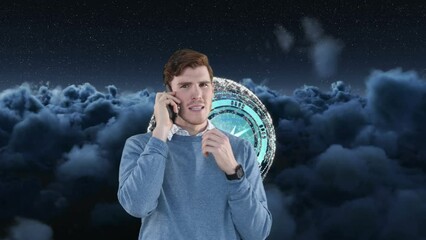 Poster - Animation of blue clock and man using smartphone over cloudy sky