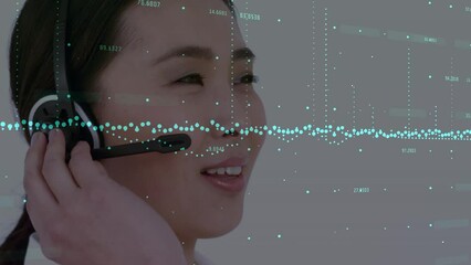 Poster - Animation of financial data processing over asian businesswoman with headset