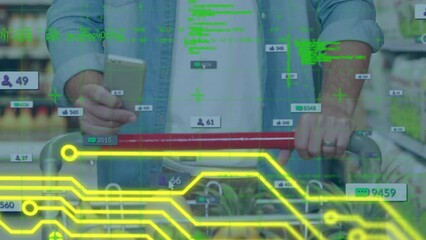 Poster - Animation of data processing and yellow lines over caucasian man using smartphone