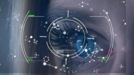 Aufkleber - Animation of scope scanning over moving shapes and eye of caucasian woman