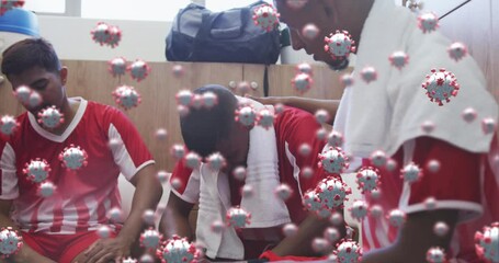 Poster - Animation of virus cells floating over diverse group of male football players in changing room
