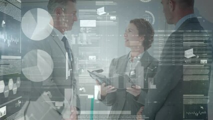 Poster - Animation of financial data processing over caucasian business people