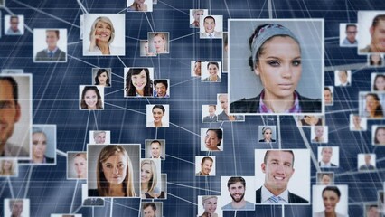 Poster - Animation of network of connections with diverse people over blurred background
