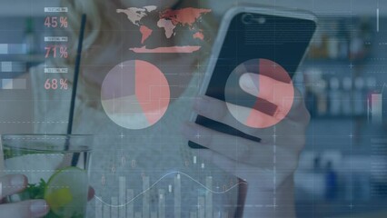 Poster - Animation of financial data processing over cuacasian woman using smartphone
