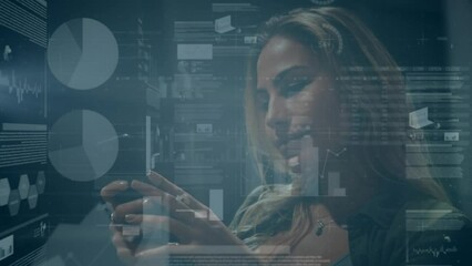 Poster - Animation of financial data processing over caucasian woman using smartphone