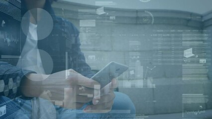 Poster - Animation of financial data processing over biracial man using smartphone