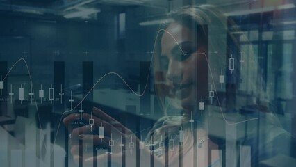 Poster - Animation of financial data processing over caucasian woman using smartphone