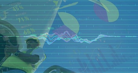 Poster - Animation of statistics and data processing over wind turbine and engineer on blue background