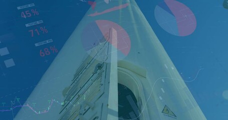Poster - Animation of statistics and data processing over wind turbine and engineer on blue background