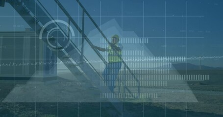 Poster - Animation of statistics and data processing over wind turbine and engineer on blue background