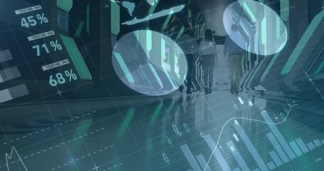 Poster - Animation of statistics and financial data processing over diverse business people in office