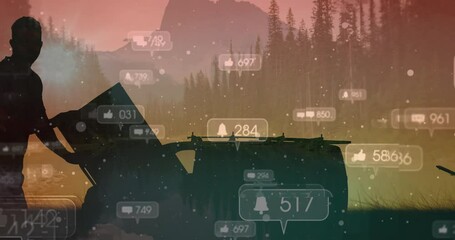 Poster - Animation of social media icons and numbers over landscape background