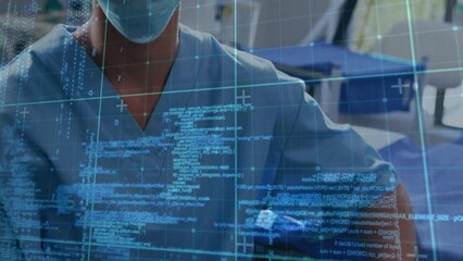 Wall Mural - Animation of data processing over caucasian female surgeon