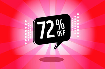 72% off. red and pink banner with seventy two percent discount on a black balloon for mega big sales.