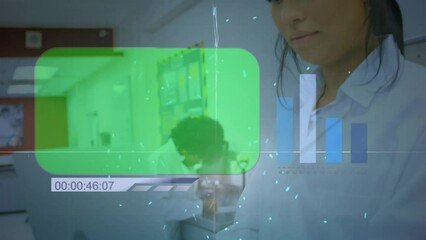 Poster - Animation of screen and clock over biracial female lab worker