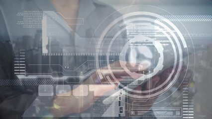 Poster - Animation of data processing over hands of caucasian man working on tablet
