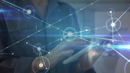 Poster - Animation of network of connections over hands of caucasian man using tablet