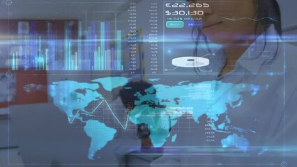 Poster - Animation of diverse data and world map over biracial female lab worker