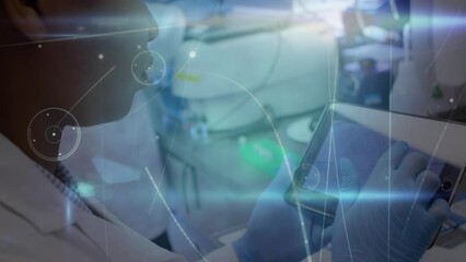 Poster - Animation of network of connections over biracial female lab worker using tablet
