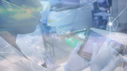 Poster - Animation of network of connections over biracial female lab worker using tablet