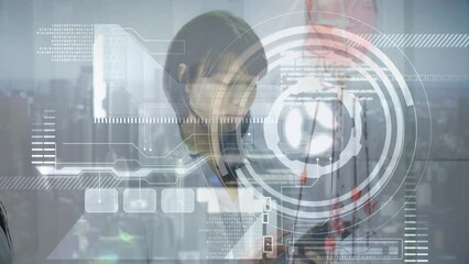 Poster - Animation of data processing over biracial female lab worker using tablet