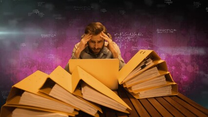 Poster - Animation of diverse data moving over nervous caucasian man working on laptop with documents on desk