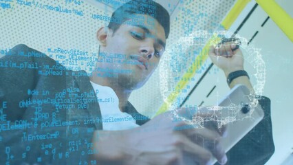 Poster - Animation of data processing and globe over biracial businessman using smartphone