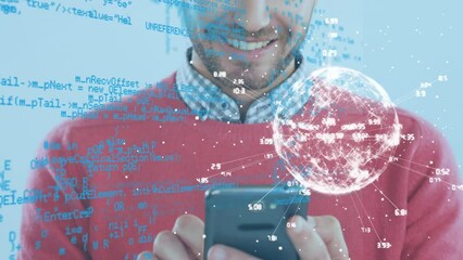 Poster - Animation of data processing and globe over caucasian businessman using smartphone