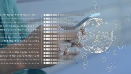 Poster - Animation of binary coding data processing and globe over biracial man using smartphone
