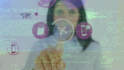 Poster - Animation of caucasian businesswoman touching interactive screen with digital icons