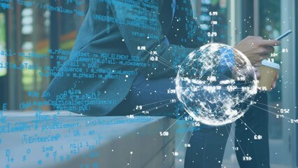 Poster - Animation of data processing and globe over caucasian businessman using smartphone