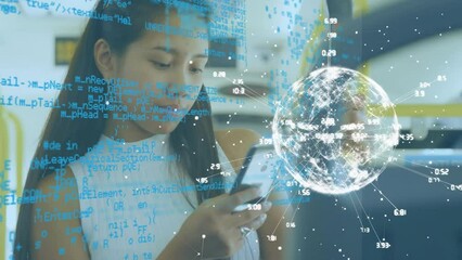 Poster - Animation of data processing and globe over biracial businesswoman using smartphone