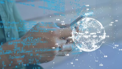 Poster - Animation of data processing and globe over caucasian man using smartphone